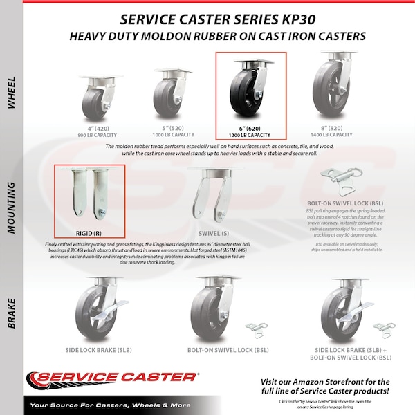6 Inch Rubber on Steel Caster Set with Roller Bearings 2 Swivel 2 Rigid SCC